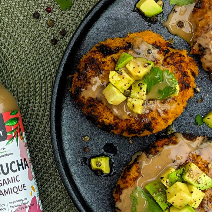 Stuffed Sweet Potato Patties with Avocado & Kombucha Balsamic Dressing