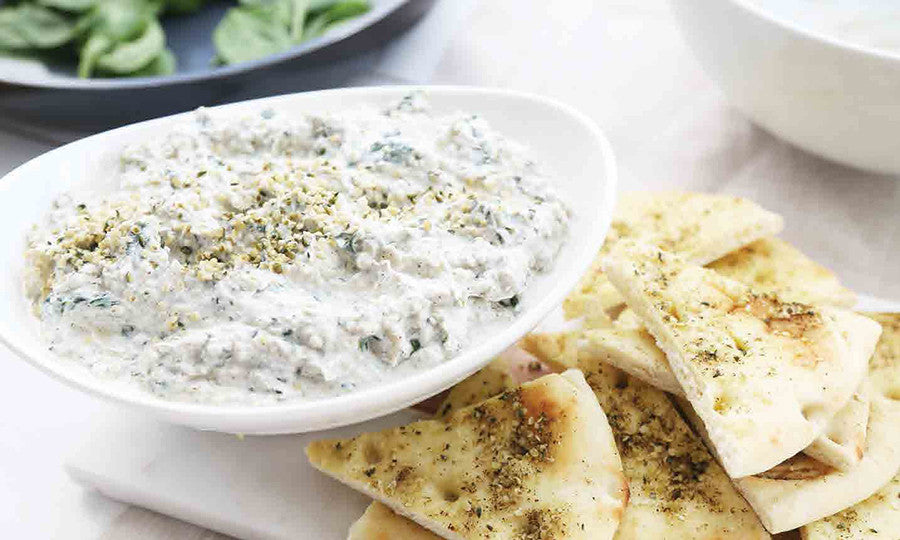 Rosemary & Artichoke Spinach Dip with Homemade Naan Chips