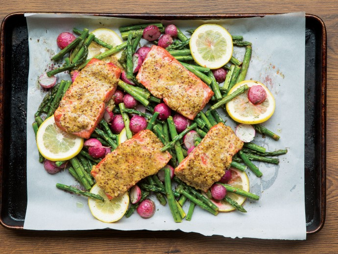 Mustard Crusted Salmon with Dill Radishes and Asparagus