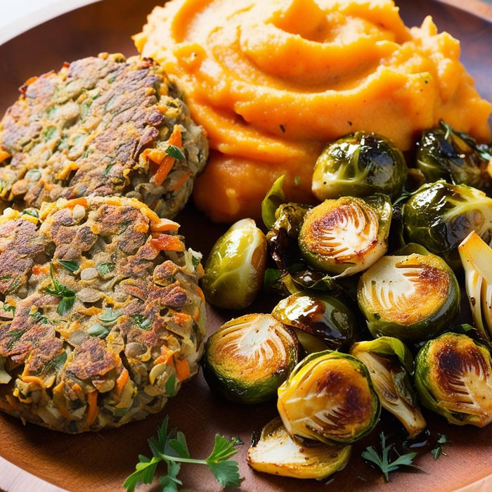 Herbed Lentil Patties with Carrot-Parsnip Mash & Roasted Brussels Sprouts