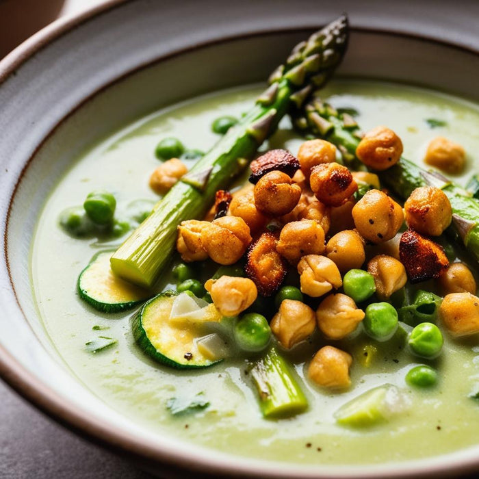 Creamy Asparagus Zucchini Pea Soup + Toasted Chickpeas