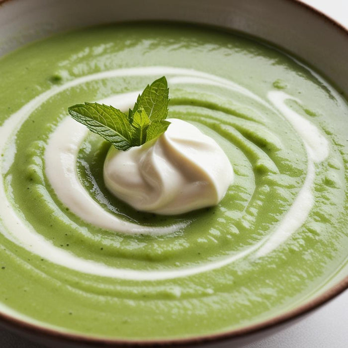 Creamy Spring Pea Mint Soup with Hemp Cream