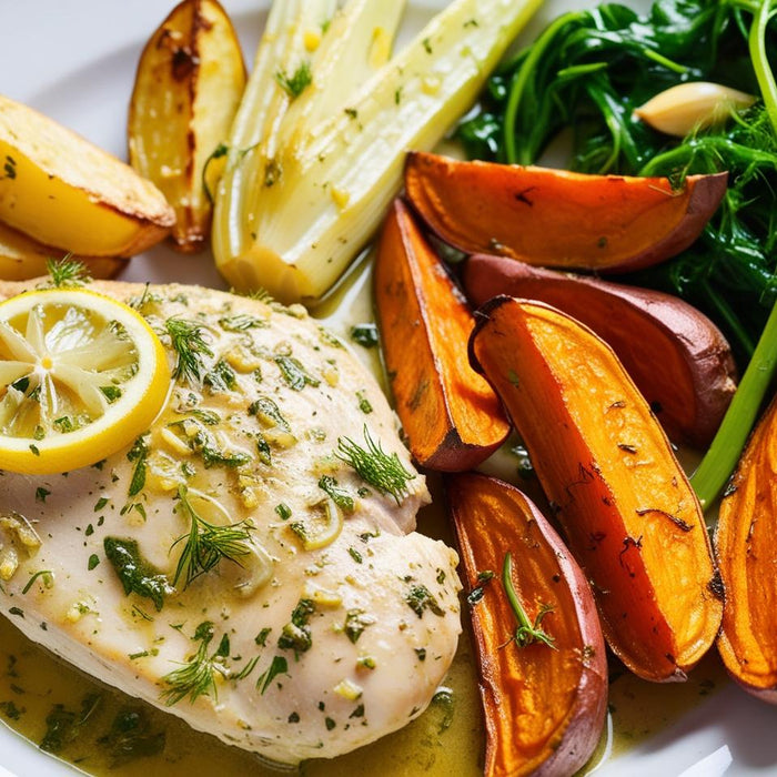 Lemon-Garlic Chicken with Roasted Fennel & Sweet Potato + Greens
