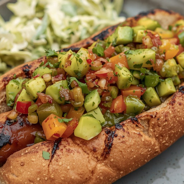 Grilled Frankfurters with Charred Pepper Avocado Salsa & Chipotle Drizzle
