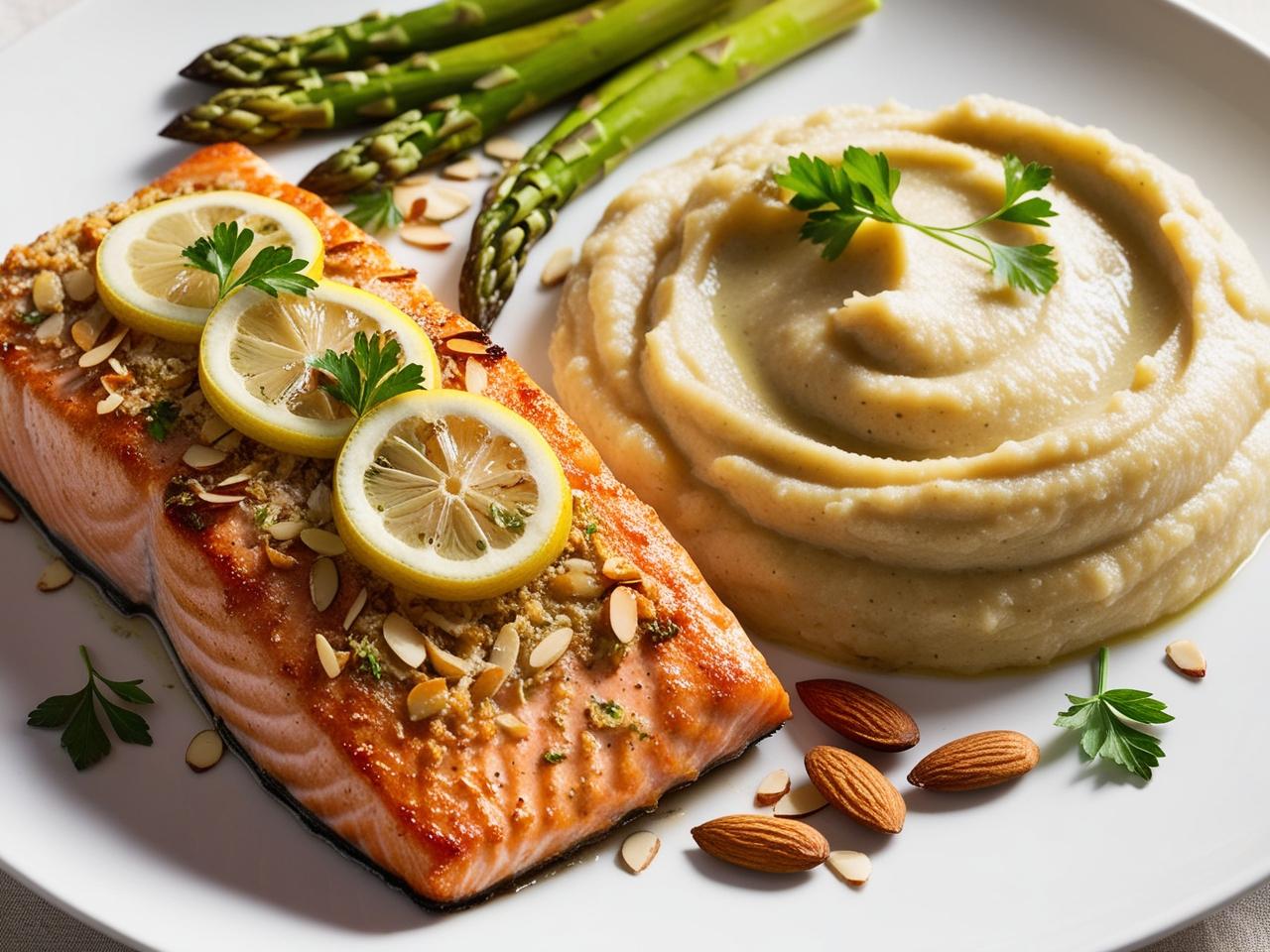 Almond Crusted Salmon with Roasted Parsnip Mash and Greens