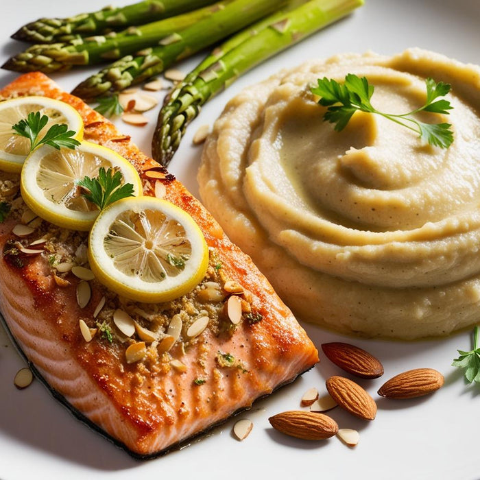 Almond Crusted Salmon with Roasted Parsnip Mash and Greens