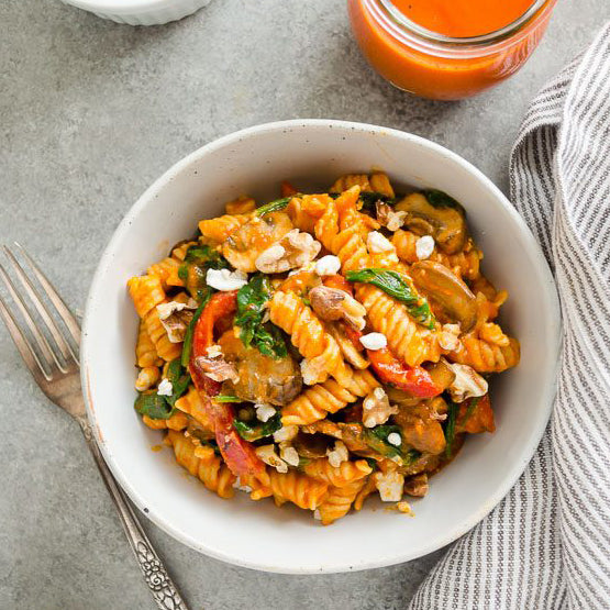 Roasted Red Pepper Chickpea Lentil Pasta with Goat Cheese, Mushrooms and Spinach