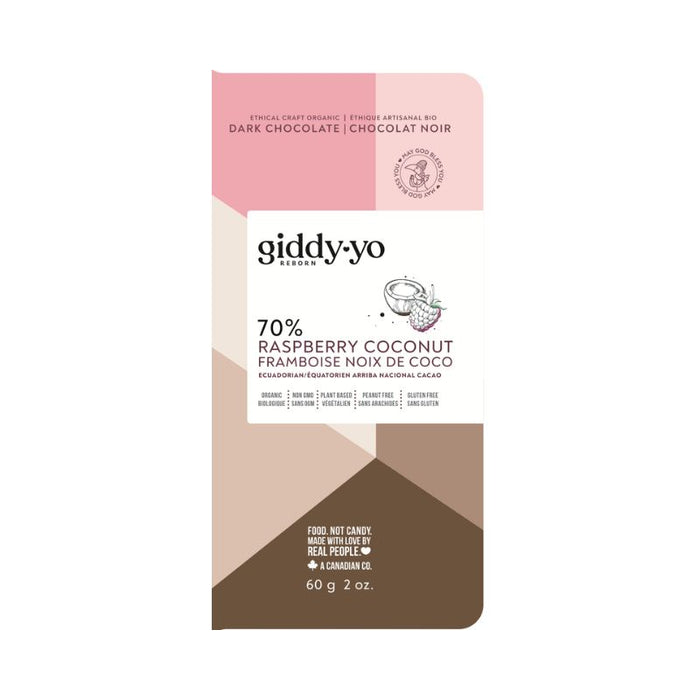 Giddy Yo Gluten Free Chocolate Bar Raspberry Coconut 70% 60 GRAMS