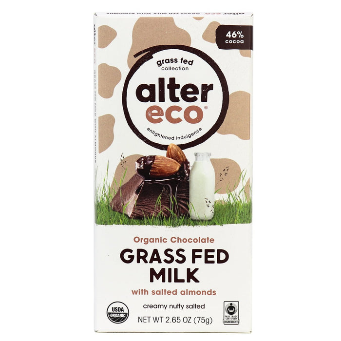 Alter Eco Grass Fed Milk Chocolate Salted Almond Bar 75g